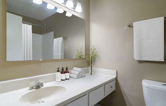 Modern bathroom with granite countertops, sleek fixtures, and ample lighting in a pet-friendly apartment at Stratford Ridge Apartments in Marietta, GA.