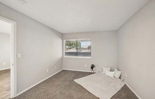 A room with a carpeted floor and a window with blinds.