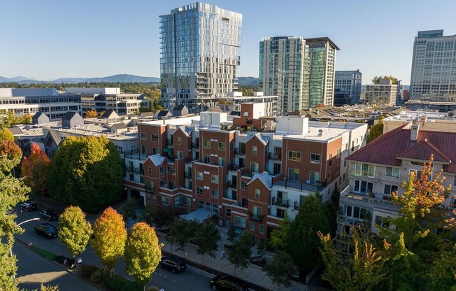 A cityscape with a mix of modern and traditional buildings.