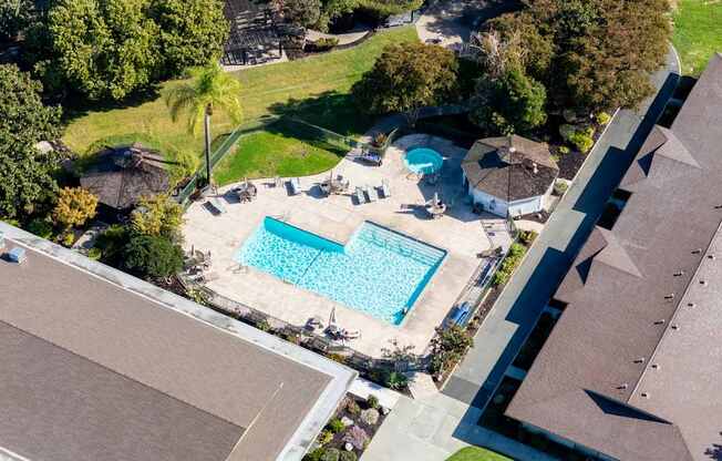 Arial view of the swimming pool  at The Grove at Walnut Creek Apartments in Walnut Creek, CA.