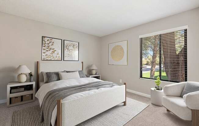 Model apartment bedroom with a bed at Saratoga Ridge, Phoenix, Arizona, 85022