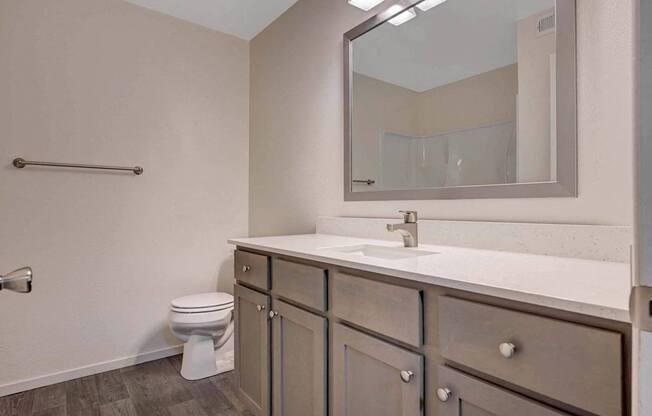 A bathroom with a toilet, sink, and mirror.