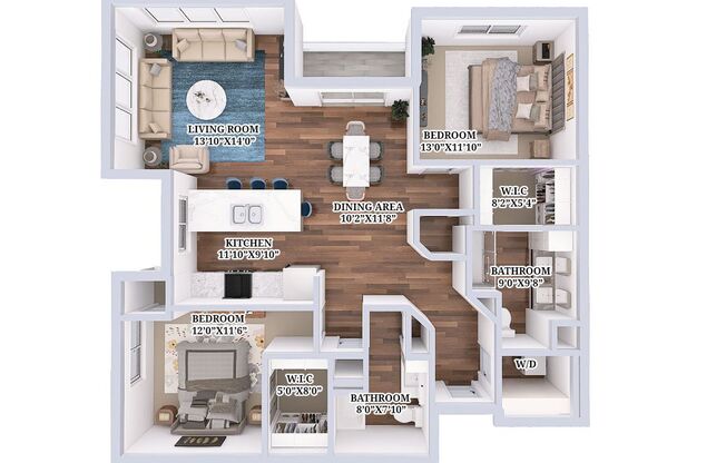 2 beds, 2 baths, 1,322 sqft, $2,395, Unit D2-110
