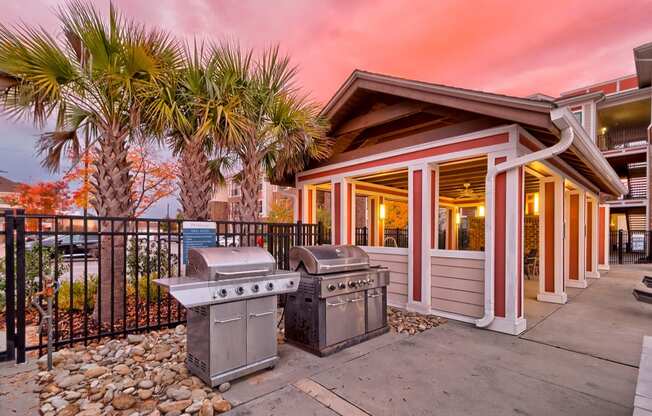 two stainless steel gas grills in front of a house with palm trees at Nexus at Sandhill, South Carolina