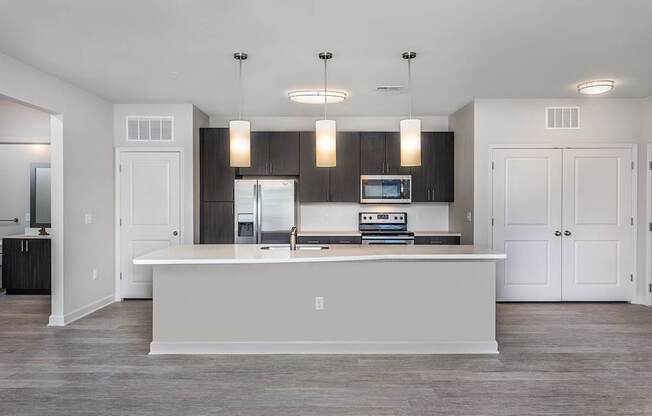 Hardwood-inspired flooring with designer lighting