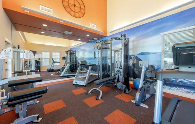 a gym with cardio equipment and a wall mural of the ocean