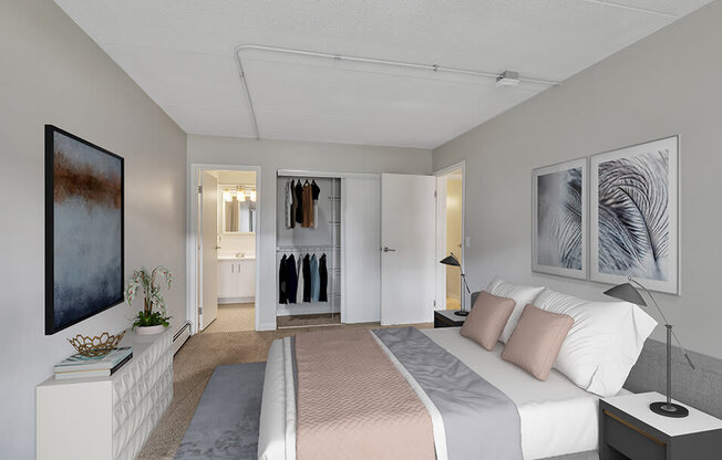 a bedroom with a bed and a closet