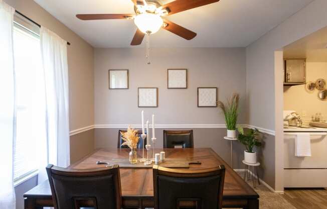 This is a picture of the dining room in the 980 square foot, 2 bedroom, 1 bath model apartment at Fairfield Pointe Apartments in Fairfield, Ohio.