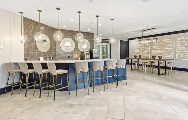 Clubhouse kitchen area with Starbucks coffee at Harlow River Oaks in Houston, TX