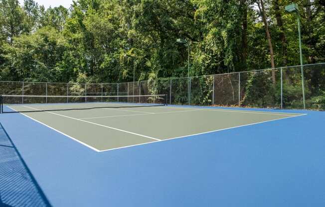 a tennis court with a fence and trees in the background