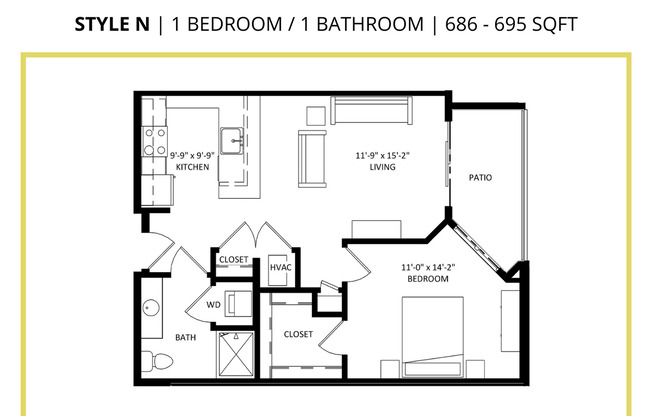 1 bed, 1 bath, 686 sqft, $1,665, Unit 421