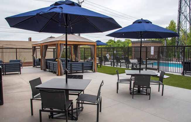 UPII outdoor patio with seating, firepit and cabanas at Urban Park I and II Apartments, St Louis Park, Minnesota