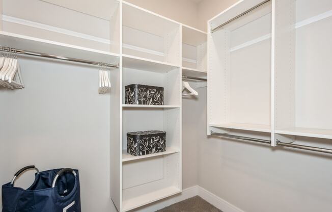 a walk in closet with white closets and shelves and a window