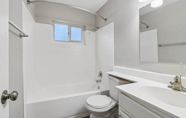 Step into comfort at The Preserve On Conley Apartments. This stylish bathroom features modern finishes and ample natural light, perfect for unwinding after a long day. Explore your new home and envision your lifestyle here today!