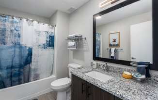 model bathroom with granite countertop vanity, large mirror and designer lighting at The Residences at Delmar DivINe, St Louis, MO