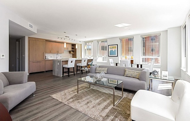 a living room with couches a coffee table and a kitchen in the background