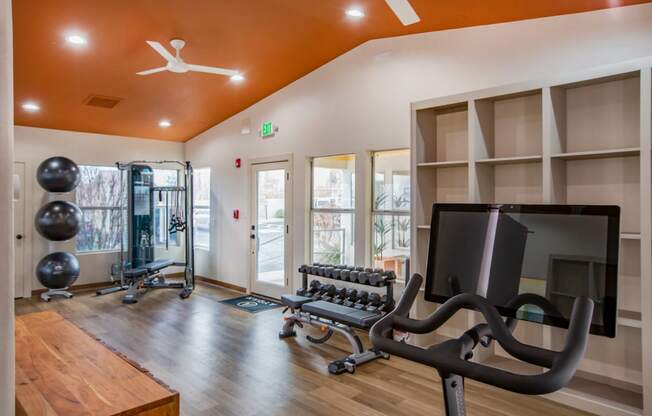a fitness room with treadmills and other exercise equipment