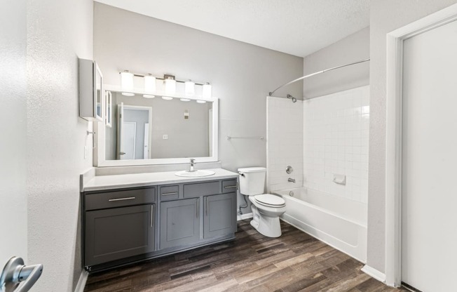a bathroom with a toilet sink and shower and a mirror