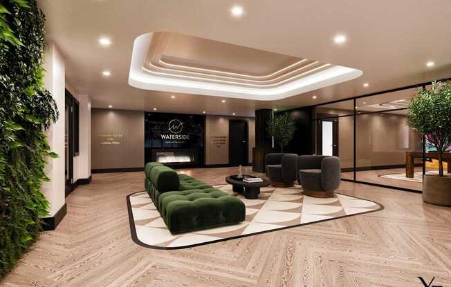 A modern living room with a green plant on the left side and a sofa set in the center.