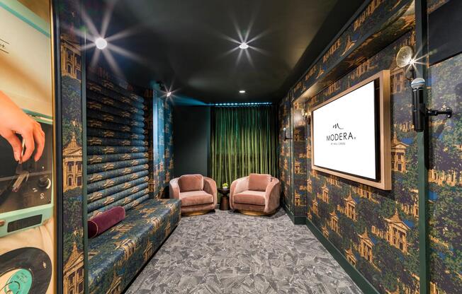 Sing, stream, or unwind in the karaoke lounge at Modera St. Paul, a vibrant space to enjoy music and entertainment in downtown Dallas.