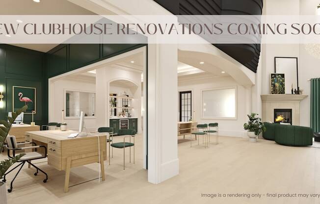A rendering of a modern clubhouse interior with a caption announcing upcoming renovations.