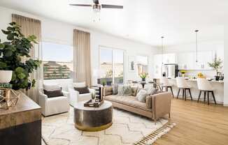 a living room with a couch and a table