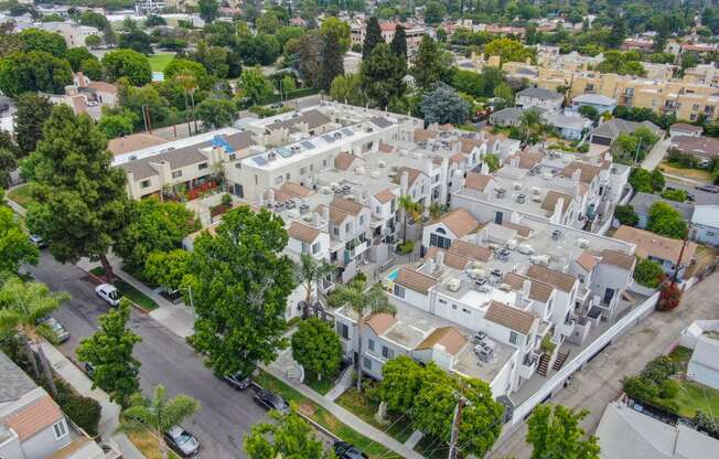 Ariel shot of the neighborhood where The Woods at Toluca Lake apartment community is located. 