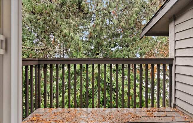 A wooden deck with a railing and trees in the background.