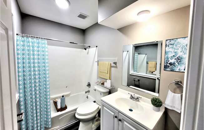 a bathroom with a white toilet next to a tub with a shower curtain