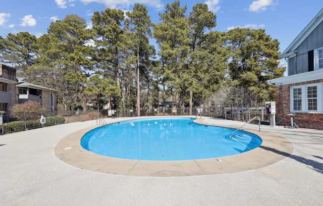 A round blue swimming pool surrounded by a concrete patio and trees.