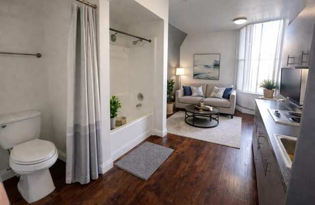 A modern bathroom with a toilet, a shower, a couch, and a kitchen area.