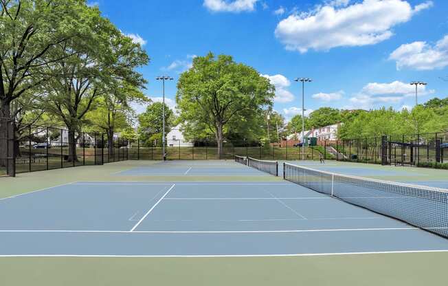 a tennis court with trees and a fence around it