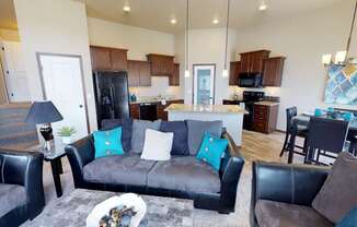 kitchen, island, pantry, living area