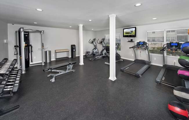 a gym with cardio equipment and weights on the floor