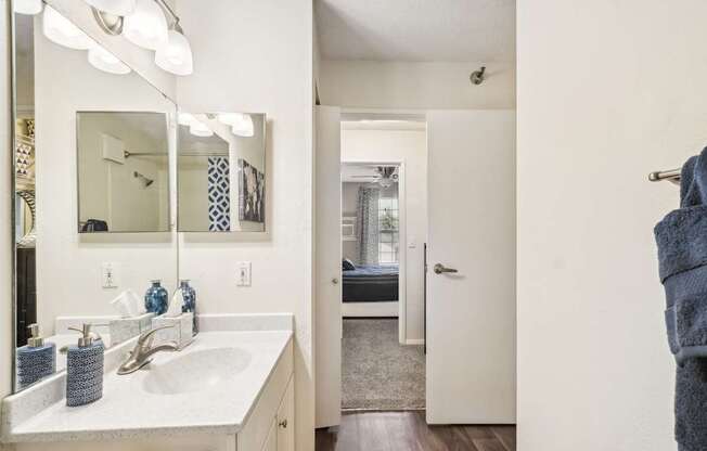 A bathroom with a white sink and a mirror above it.