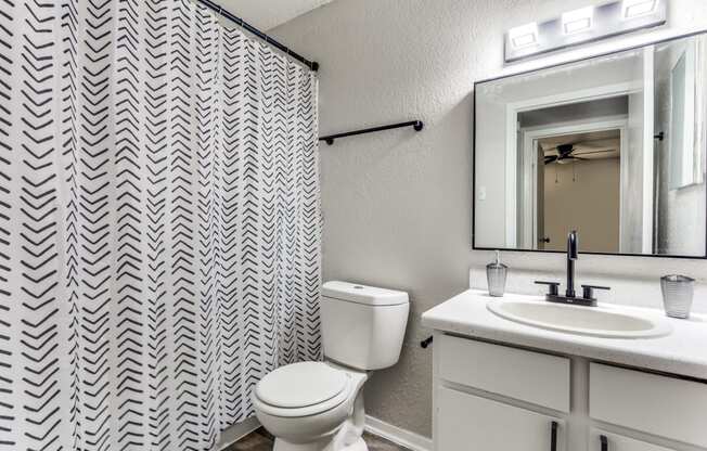 a bathroom with a shower curtain and a sink and a mirror