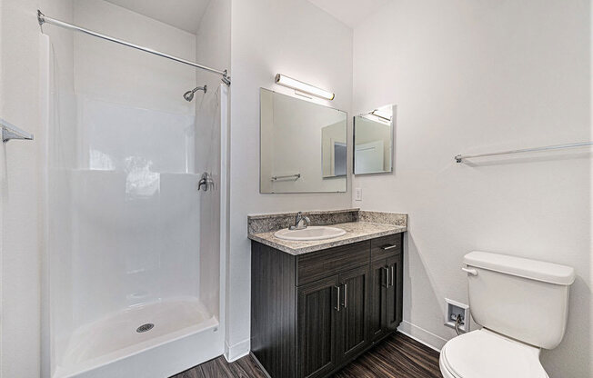 a bathroom with a shower toilet and a sink