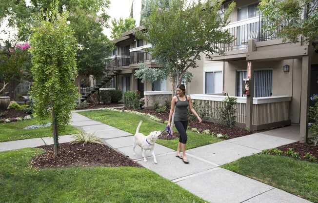 a woman walking her dog on a sidewalk in front of an apartment building