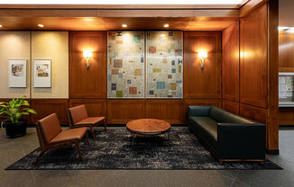 Modern lobby and seating for apartment guests at The Fairfax in the Upper East Side NYC