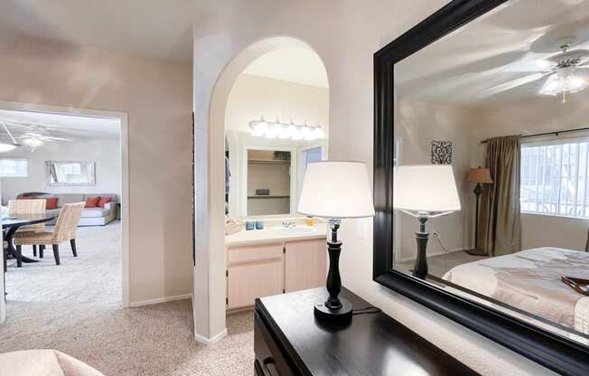 Mirrored vanity at Ventana Apartment Homes in Central Scottsdale, AZ, For Rent. Now leasing 1 and 2 bedroom apartments.