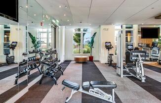 a gym with weights and cardio equipment in a room with windows