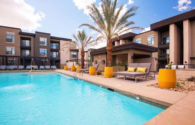 A pool surrounded by lounge chairs and a palm tree.