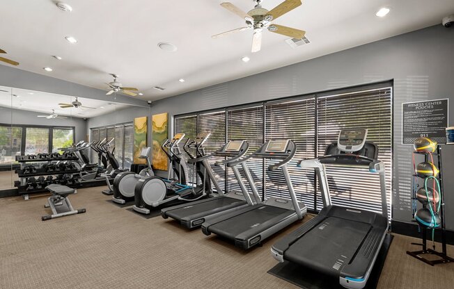 the gym is equipped with a variety of cardio equipment and weights