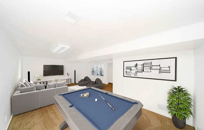 Finished basement recreation room at Foxwood and The Hermitage, Portage