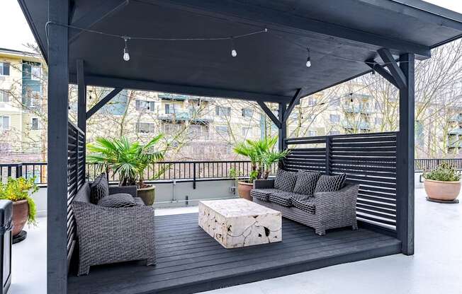 A black and white outdoor patio with furniture and plants.