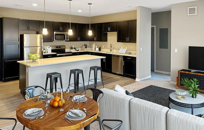 a kitchen with a dining room table