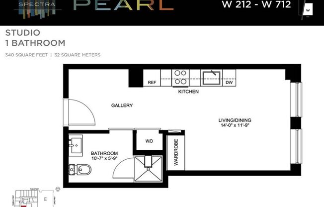 Studio, 1 bath, 340 sqft, $1,373, Unit W612