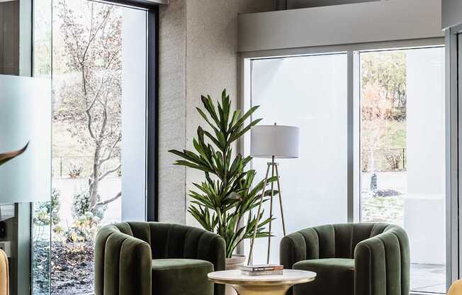 A living room with a green sofa and a round table with a plant on it.