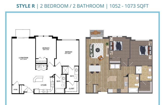2 beds, 2 baths, 1,052 sqft, $2,470, Unit B-410