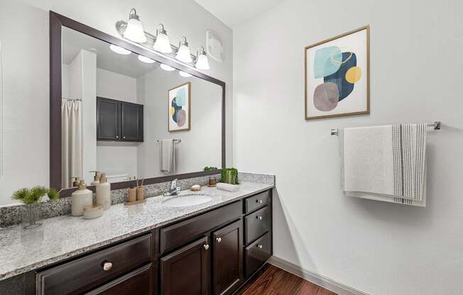 A bathroom with a large mirror, a sink, and a towel rack.